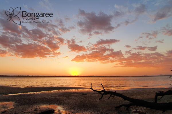 Bribie Island sunset over west coast shops at Bongaree Village